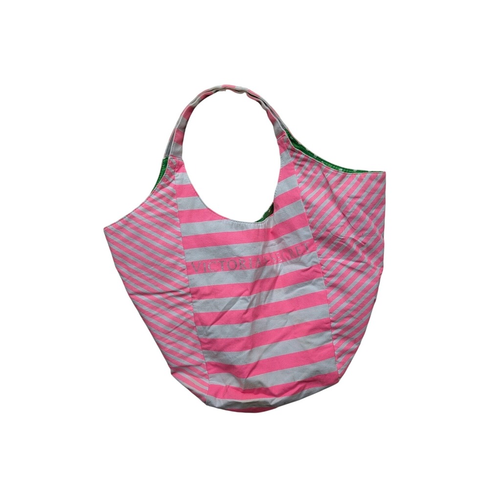 Victoria's Secret Pink White Striped Canvas Tote Bag Lemon Floral Lining Hobo